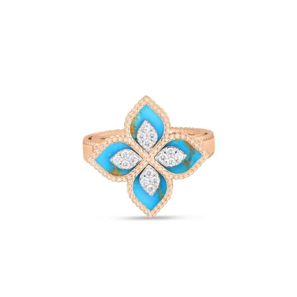 Roberto Coin 18K ROSE/WHITE GOLD VENETIAN PRINCESS DIAMOND & TURQUOISE FLOWER RING