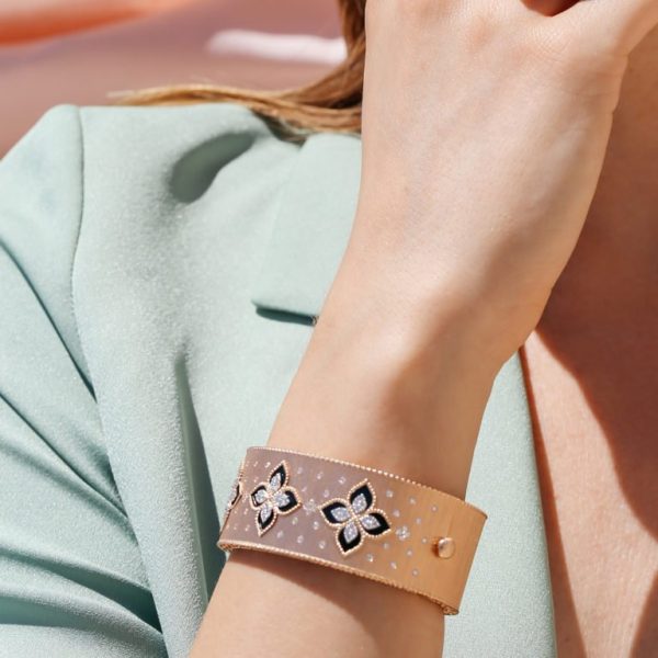 Roberto Coin 18K ROSE/WHITE GOLD VENETIAN PRINCESS DIAMOND& BLACK JADE FLOWER WIDE BANGLE