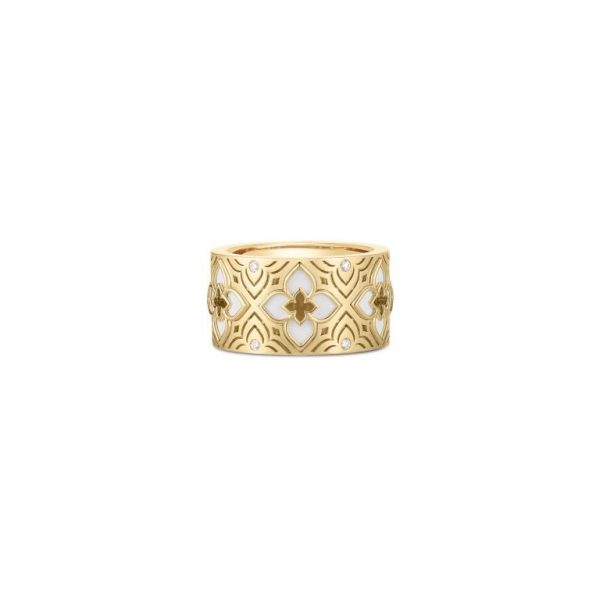 Roberto Coin 18K YELLOW GOLD VENETIAN PRINCESS ETCHED FRAME DIAMOND & WHITE ENAMEL FLOWER RING