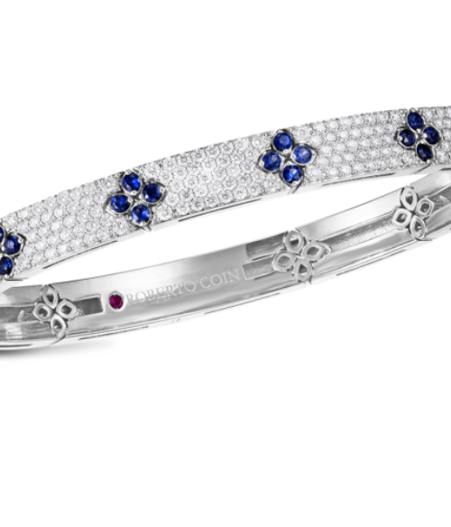 Roberto Coin 18K WHITE GOLD LOVE IN VERONA PAVE DIAMOND & BLUE SAPPHIRE BANGLE