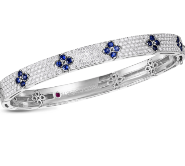 Roberto Coin 18K WHITE GOLD LOVE IN VERONA PAVE DIAMOND & BLUE SAPPHIRE BANGLE