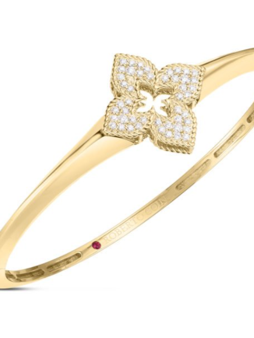Roberto Coin  18K YELLOW GOLD VENETIAN PRINCESS PAVE DIAMOND FLOWER KNIFE EDGE BANGLE