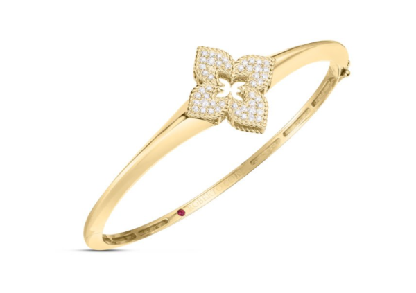 Roberto Coin  18K YELLOW GOLD VENETIAN PRINCESS PAVE DIAMOND FLOWER KNIFE EDGE BANGLE