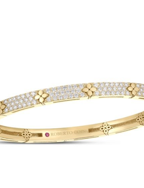 Roberto Coin 18K YELLOW GOLD LOVE IN VERONA PAVE DIAMOND & POLISHED FLOWER NARROW BANGLE