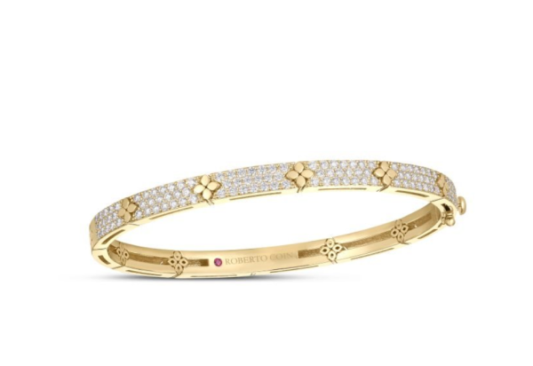 Roberto Coin 18K YELLOW GOLD LOVE IN VERONA PAVE DIAMOND & POLISHED FLOWER NARROW BANGLE