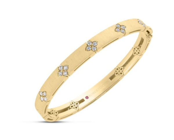 Roberto Coin 18K YELLOW GOLD LOVE IN VERONA MEDIUM WIDTH DIAMOND ACCENT & SATIN FINISH BANGLE
