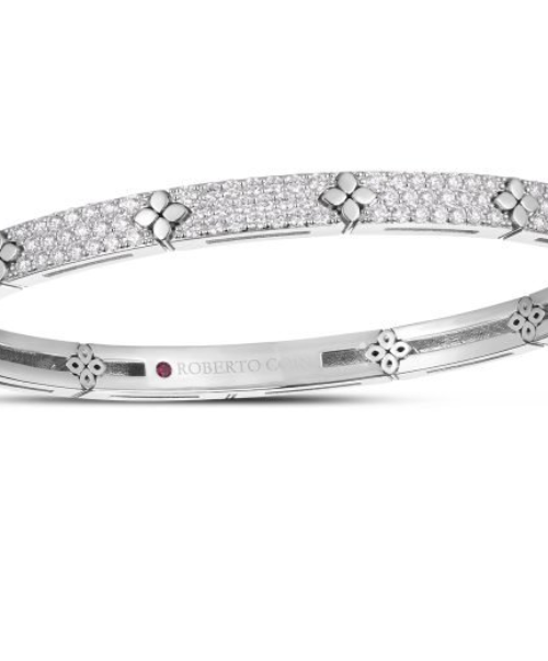 Roberto Coin 18K WHITE GOLD LOVE IN VERONA PAVE DIAMOND & POLISHED FLOWER NARROW BANGLE
