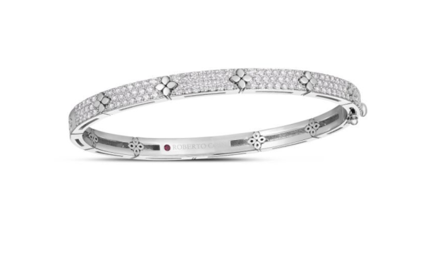 Roberto Coin 18K WHITE GOLD LOVE IN VERONA PAVE DIAMOND & POLISHED FLOWER NARROW BANGLE