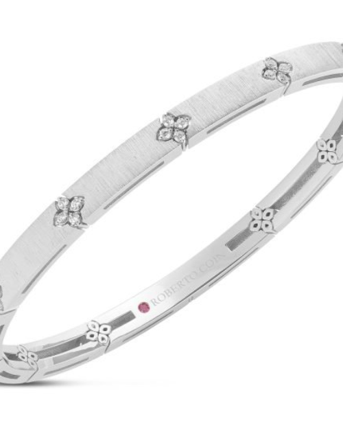 Roberto Coin 18K WHITE GOLD LOVE IN VERONA NARROW WIDTH DIAMOND ACCENT & SATIN FINISH BANGLE