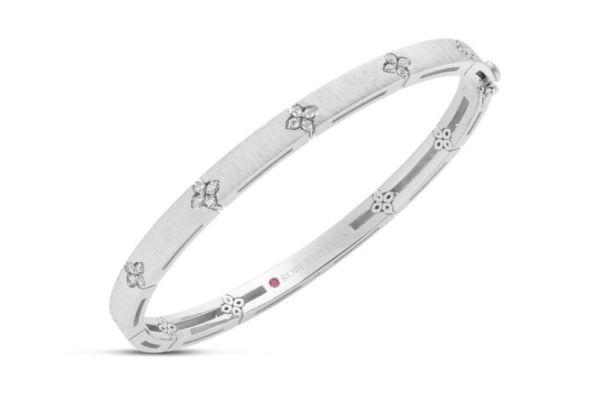 Roberto Coin 18K WHITE GOLD LOVE IN VERONA NARROW WIDTH DIAMOND ACCENT & SATIN FINISH BANGLE