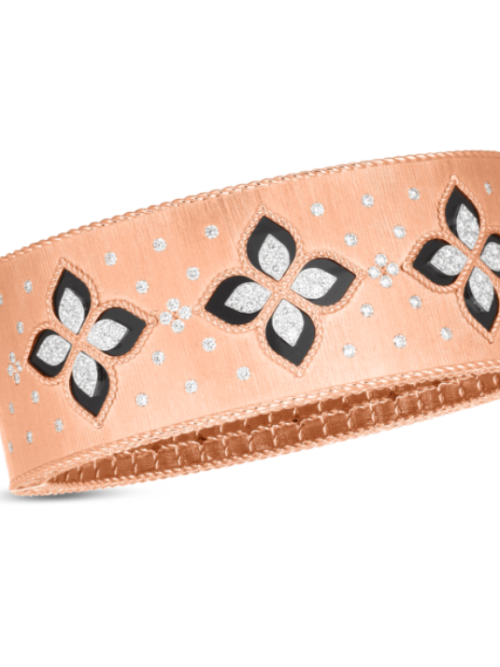 Roberto Coin 18K ROSE/WHITE GOLD VENETIAN PRINCESS DIAMOND& BLACK JADE FLOWER WIDE BANGLE