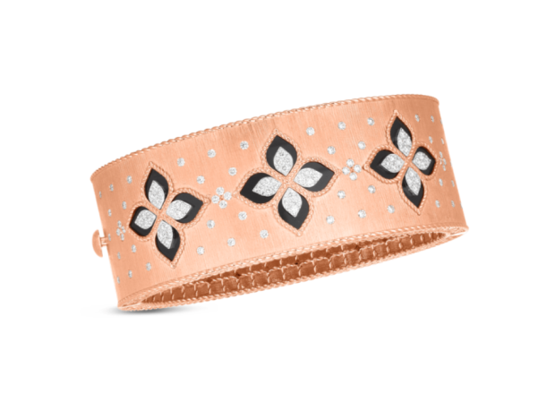 Roberto Coin 18K ROSE/WHITE GOLD VENETIAN PRINCESS DIAMOND& BLACK JADE FLOWER WIDE BANGLE