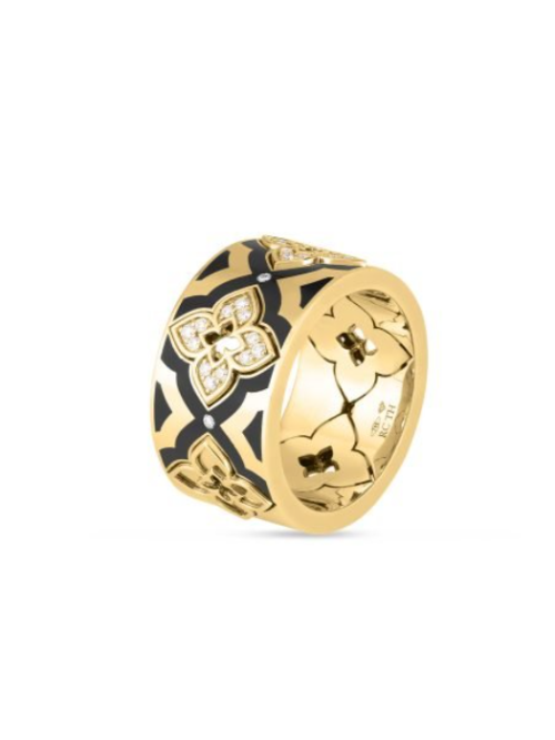 Roberto Coin 18K YELLOW GOLD VENTIAN PRINCESS DIAMOND & BLACK ENAMEL FLOWER RING