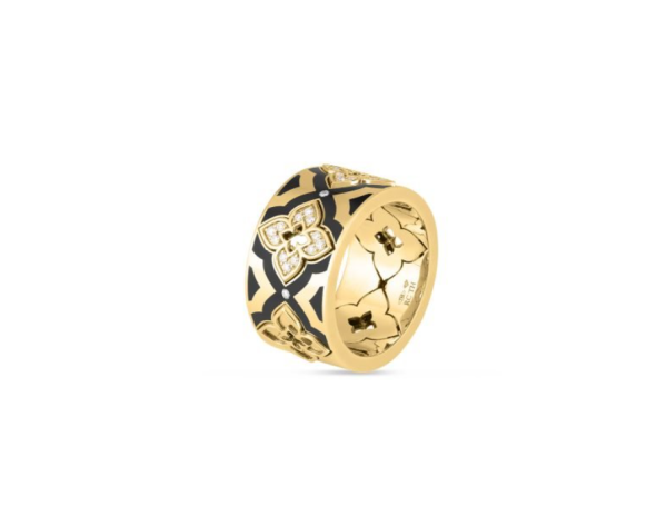 Roberto Coin 18K YELLOW GOLD VENTIAN PRINCESS DIAMOND & BLACK ENAMEL FLOWER RING