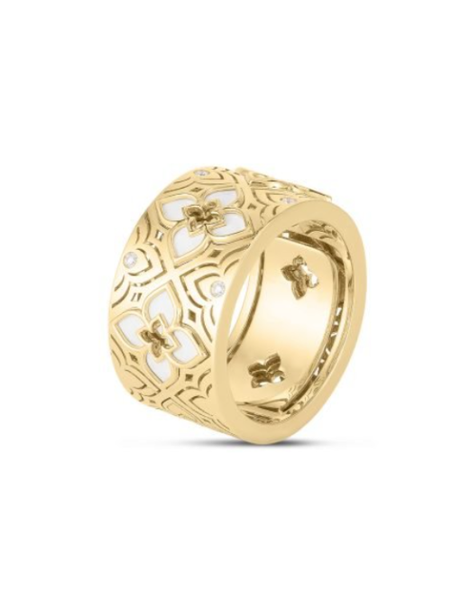 Roberto Coin 18K YELLOW GOLD VENETIAN PRINCESS ETCHED FRAME DIAMOND & WHITE ENAMEL FLOWER RING