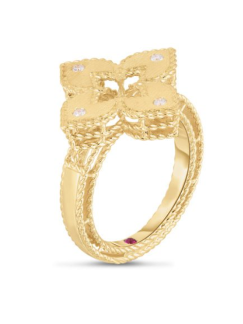 Roberto Coin  18K YELLOW GOLD PETITE VENETIAN PRINCESS DIAMOND & SATIN FINISH SMALL FLOWER RING
