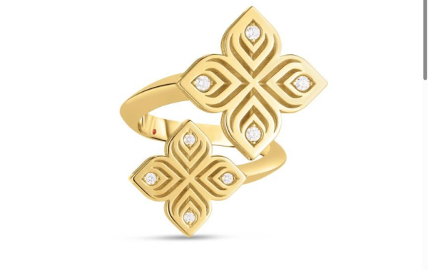 Roberto Coin 18K YELLOW GOLD ARABESQUE BYPASS DOUBLE DIAMOND FLOWER RING