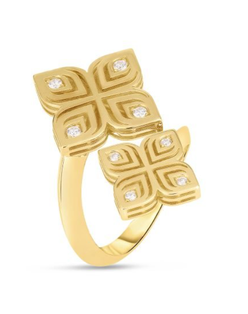 Roberto Coin 18K YELLOW GOLD ARABESQUE BYPASS DOUBLE DIAMOND FLOWER RING