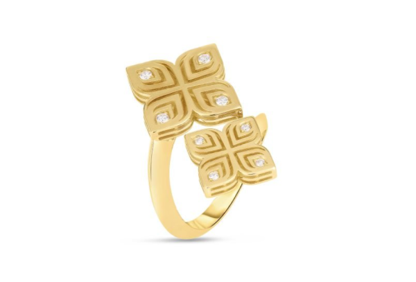Roberto Coin 18K YELLOW GOLD ARABESQUE BYPASS DOUBLE DIAMOND FLOWER RING