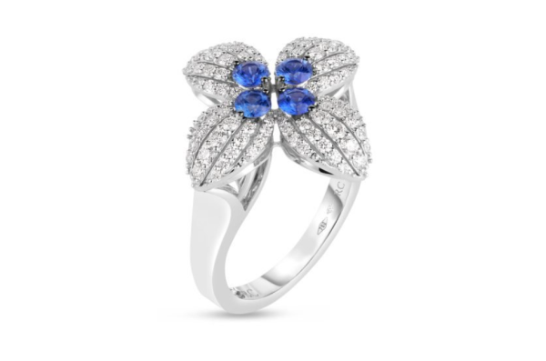 Roberto Coin 18K WHITE GOLD LOVE IN VERONA DIAMOND AND BLUE SAPPHIRE FLOWER RING