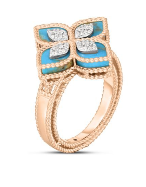 Roberto Coin 18K ROSE/WHITE GOLD VENETIAN PRINCESS DIAMOND & TURQUOISE FLOWER RING