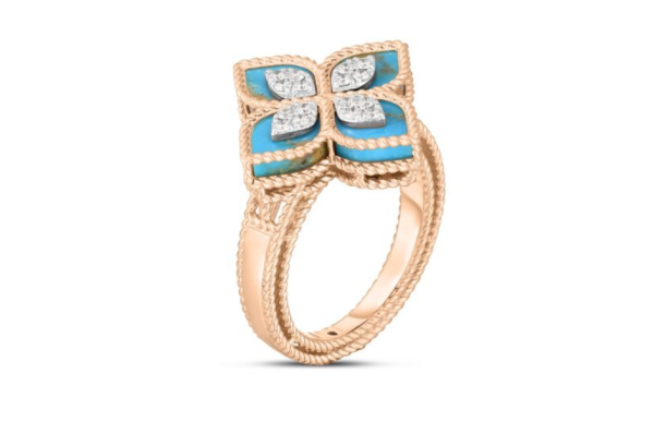Roberto Coin 18K ROSE/WHITE GOLD VENETIAN PRINCESS DIAMOND & TURQUOISE FLOWER RING