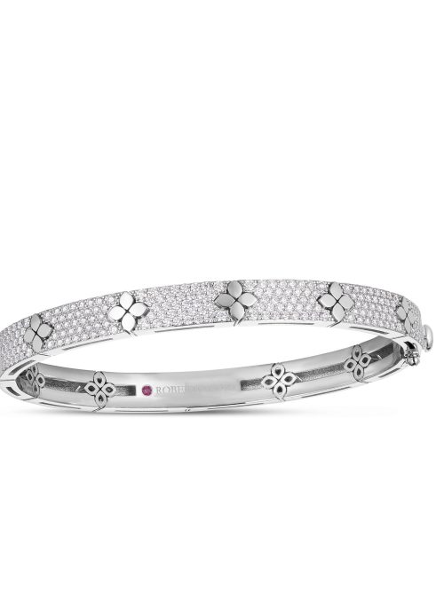Roberto Coin  18K WHITE GOLD LOVE IN VERONA PAVE DIAMOND & POLISHED FLOWER BANGLE