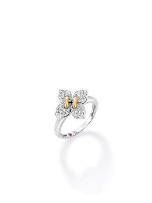 Roberto Coin 18K WHITE/YELLOW GOLD LOVE IN VERONA SMALL PAVE DIAMOND FLOWER RING