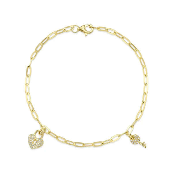 Shy Creation Kate 0.10CT DIAMOND PAVE HEART LOCK & KEY PAPER CLIP LINK BRACELET