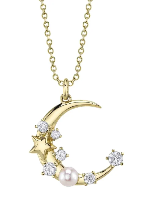Shy Creation Jackie 0.30CT DIAMOND & CULTURED PEARL CRESCENT MOON & STAR NECKLACE