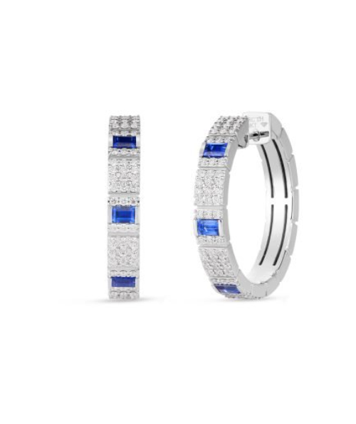 Roberto Coin 18K WHITE GOLD OBELISCO PAVE DIAMOND & BLUE SAPPHIRE HOOP EARRINGS