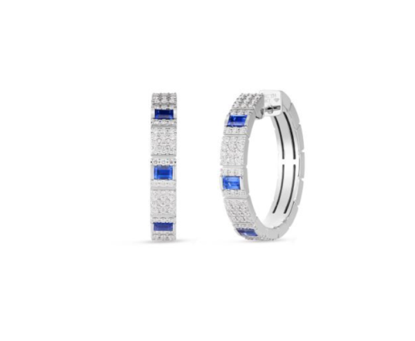 Roberto Coin 18K WHITE GOLD OBELISCO PAVE DIAMOND & BLUE SAPPHIRE HOOP EARRINGS