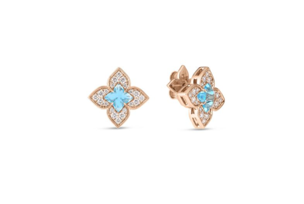 Roberto Coin 18K ROSE GOLD VENETIAN PRINCESS CARNIVAL PAVE DIAMOND & BLUE TOPAZ SMALL FLOWER STUD EARRINGS