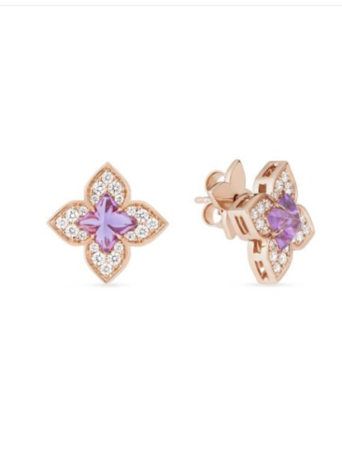 Roberto Coin 18K ROSE GOLD VENETIAN PRINCESS CARNIVAL PAVE DIAMOND & AMETHYST SMALL FLOWER STUD EARRINGS