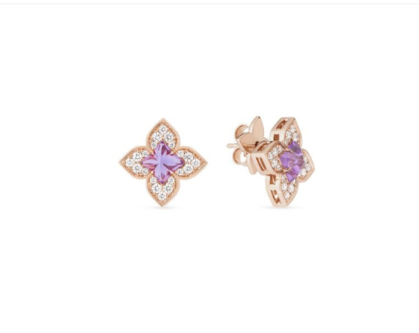 Roberto Coin 18K ROSE GOLD VENETIAN PRINCESS CARNIVAL PAVE DIAMOND & AMETHYST SMALL FLOWER STUD EARRINGS