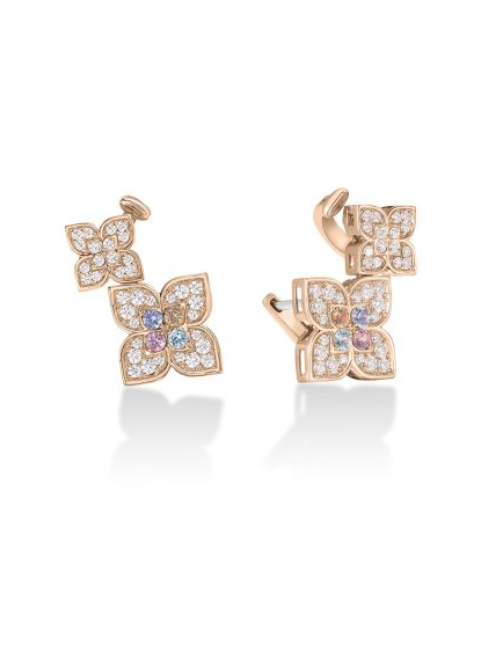 Roberto Coin 18K ROSE GOLD VENETIAN PRINCESS CARNIVAL PAVE DIAMOND & MIXED STONES DOUBLE FLOWER CLIMBER EARRINGS