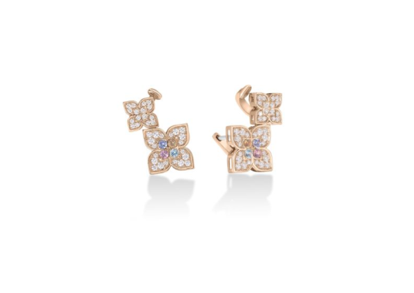 Roberto Coin 18K ROSE GOLD VENETIAN PRINCESS CARNIVAL PAVE DIAMOND & MIXED STONES DOUBLE FLOWER CLIMBER EARRINGS