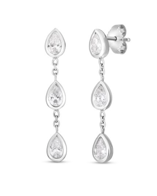 Roberto Coin  18K WHITE GOLD TINY TREASURE THREE PEARCUT DIAMOND DANGLE EARRING