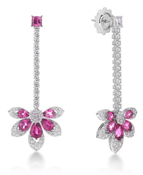 Roberto Coin 18K WHITE GOLD TIARE’ DIAMOND & RUBELLITE DANGLE EARRINGS