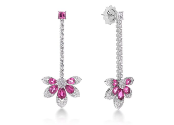 Roberto Coin 18K WHITE GOLD TIARE’ DIAMOND & RUBELLITE DANGLE EARRINGS