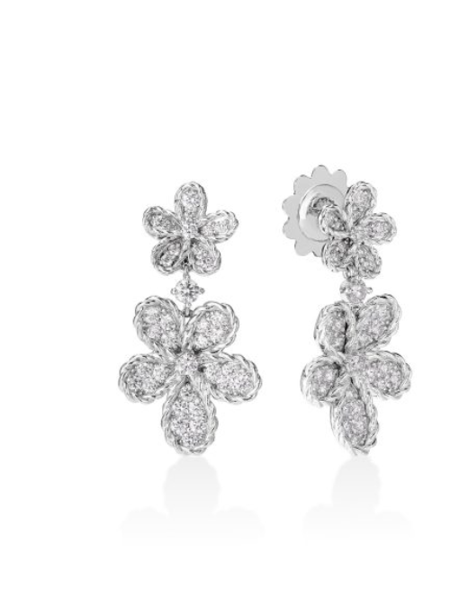 Roberto Coin 18K WHITE GOLD JASMINE PAVE DIAMOND DOUBLE FLOWER DANGLE EARRINGS