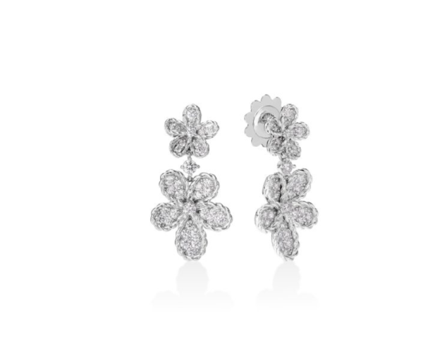 Roberto Coin 18K WHITE GOLD JASMINE PAVE DIAMOND DOUBLE FLOWER DANGLE EARRINGS