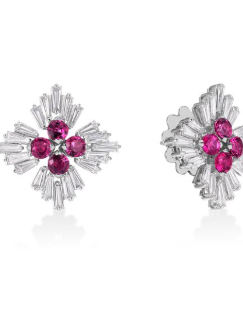 Roberto Coin 18K WHITE GOLD DIAMOND PRINCESS LUCE DIAMOND AND RUBELLITE FLOWER STUD EARRINGS