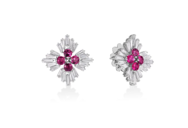 Roberto Coin 18K WHITE GOLD DIAMOND PRINCESS LUCE DIAMOND AND RUBELLITE FLOWER STUD EARRINGS