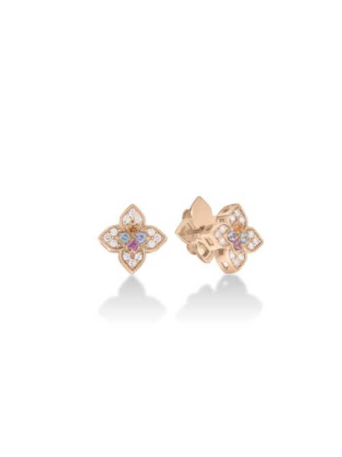 Roberto Coin 18K ROSE GOLD VENETIAN PRINCESS CARNIVAL PAVE DIAMOND & MIXED STONES SMALL FLOWER STUD EARRINGS