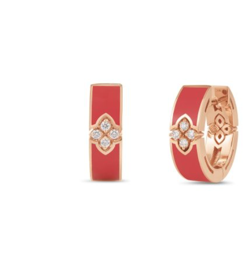 Roberto Coin  18K ROSE GOLD LOVE IN VERONA DIAMOND AND CORAL ENAMEL HOOP EARRINGS