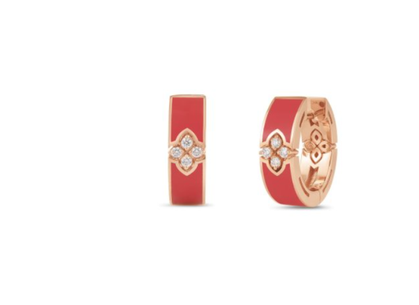 Roberto Coin  18K ROSE GOLD LOVE IN VERONA DIAMOND AND CORAL ENAMEL HOOP EARRINGS