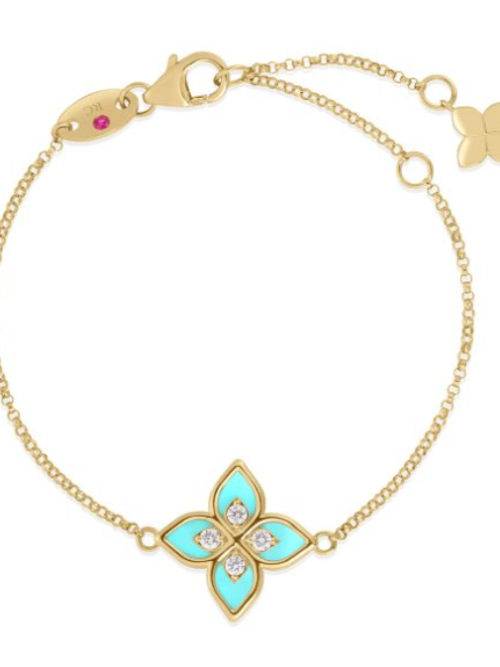 Roberto Coin 18K YELLOW GOLD VENETIAN PRINCESS DIAMOND & CYAN ENAMEL FLOWER BRACELET