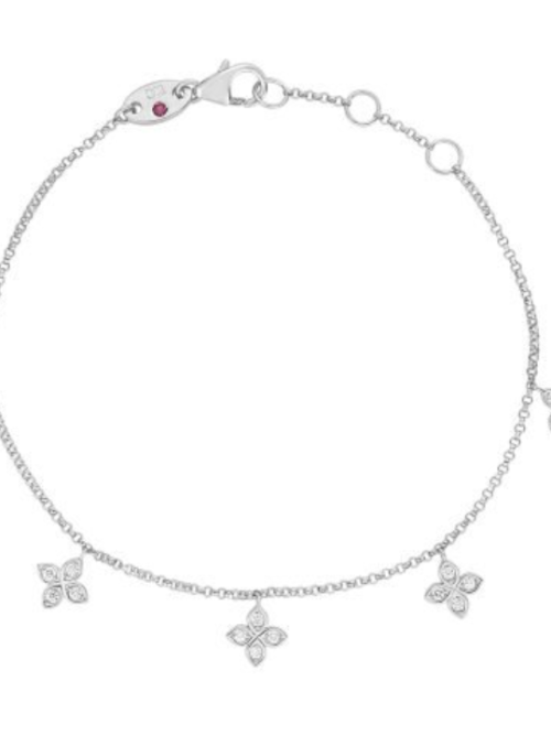 Roberto Coin 18K WHITE GOLD LOVE BY THE INCH DANGLING 5 STATION DIAMOND FLOWER BRACELET