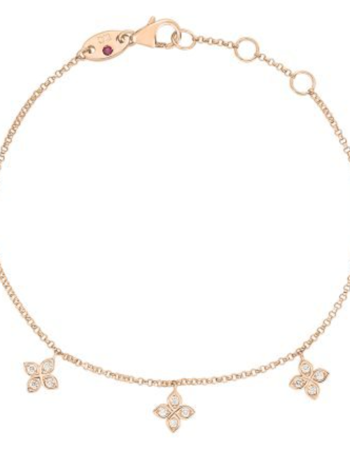 Roberto Coin 18K ROSE GOLD LOVE BY THE INCH DANGLING 5 STATION DIAMOND FLOWER BRACELET